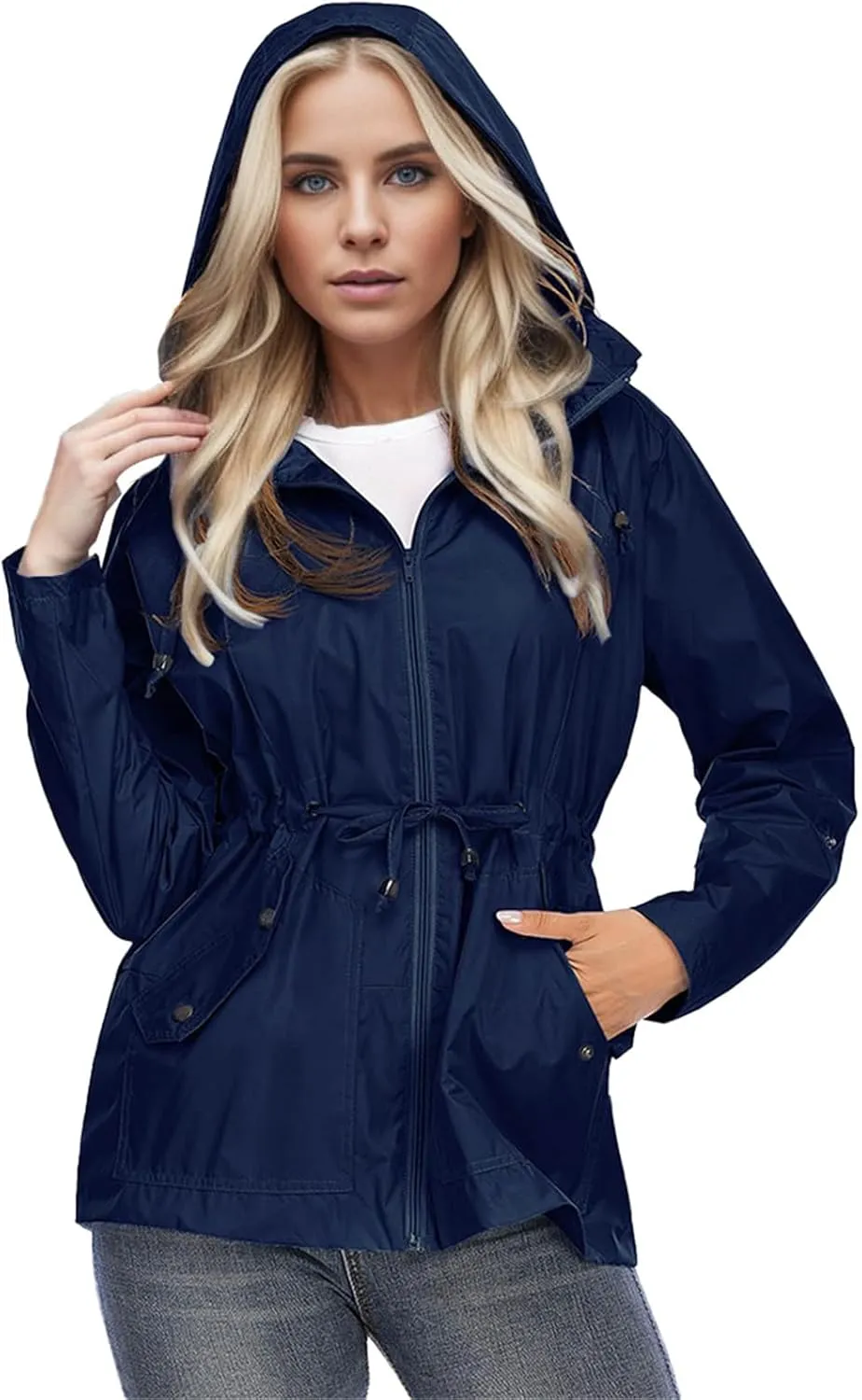 Womens Rain Jacket with Hood Waterproof Windbreaker Raincoat with Removable Lightweight Outdoor Hiking Tunic Coats