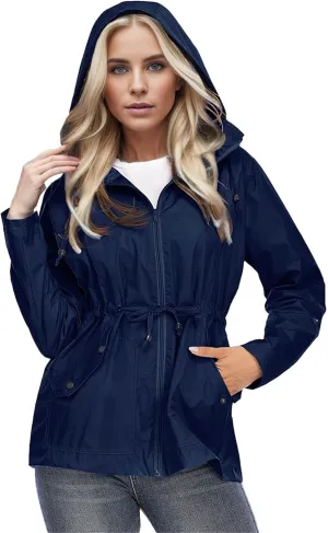 Womens Rain Jacket with Hood Waterproof Windbreaker Raincoat with Removable Lightweight Outdoor Hiking Tunic Coats