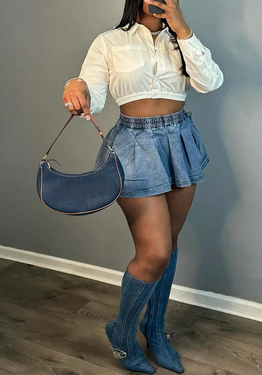Women's Sexy Denim Mini Skirt Pleated Ruffle High Waist Loose Fit Mini Jean Skirts Casual Y2K