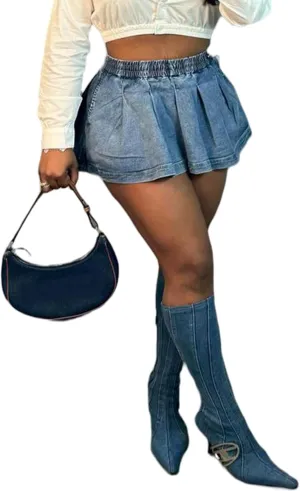 Women's Sexy Denim Mini Skirt Pleated Ruffle High Waist Loose Fit Mini Jean Skirts Casual Y2K