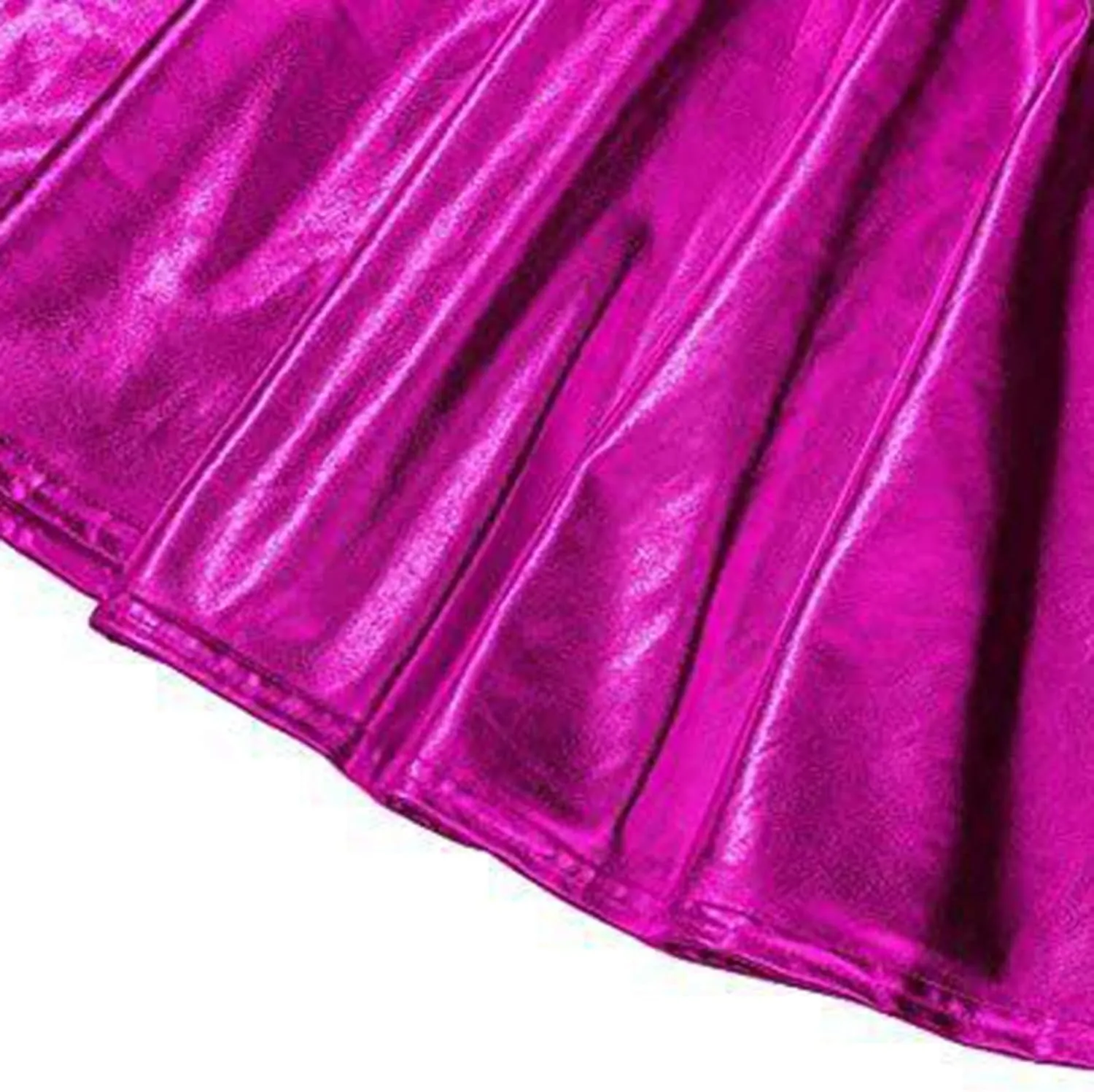 Womens Shiny Flared Pleated Short Mini Skater Skirt High Waisted A-Line Dance Skirt for Nightclub Costumes Clubwear