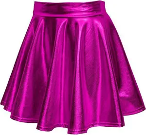 Womens Shiny Flared Pleated Short Mini Skater Skirt High Waisted A-Line Dance Skirt for Nightclub Costumes Clubwear
