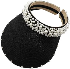 Womens Straw Sun Visor Cap Foldable Summer Beach Visors Hat for Women Solid Pearls Hats