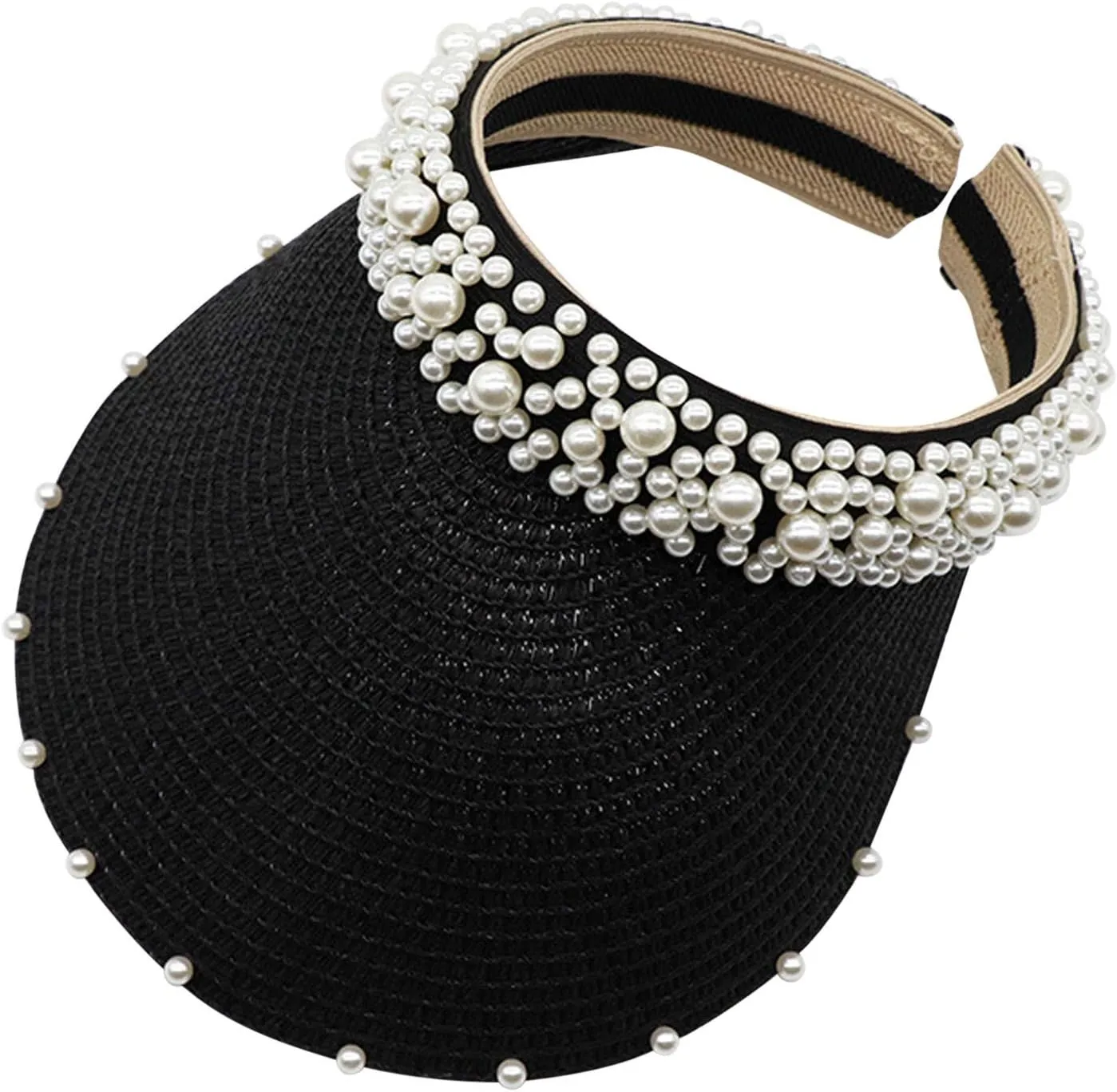 Womens Straw Sun Visor Cap Foldable Summer Beach Visors Hat for Women Solid Pearls Hats