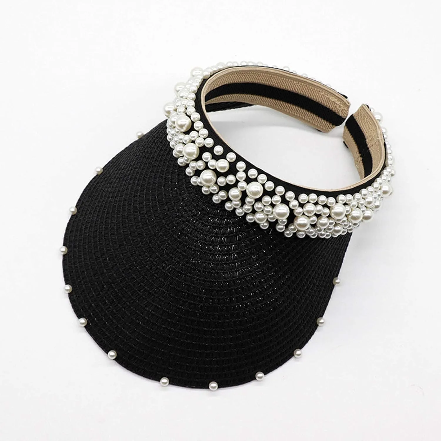 Womens Straw Sun Visor Cap Foldable Summer Beach Visors Hat for Women Solid Pearls Hats