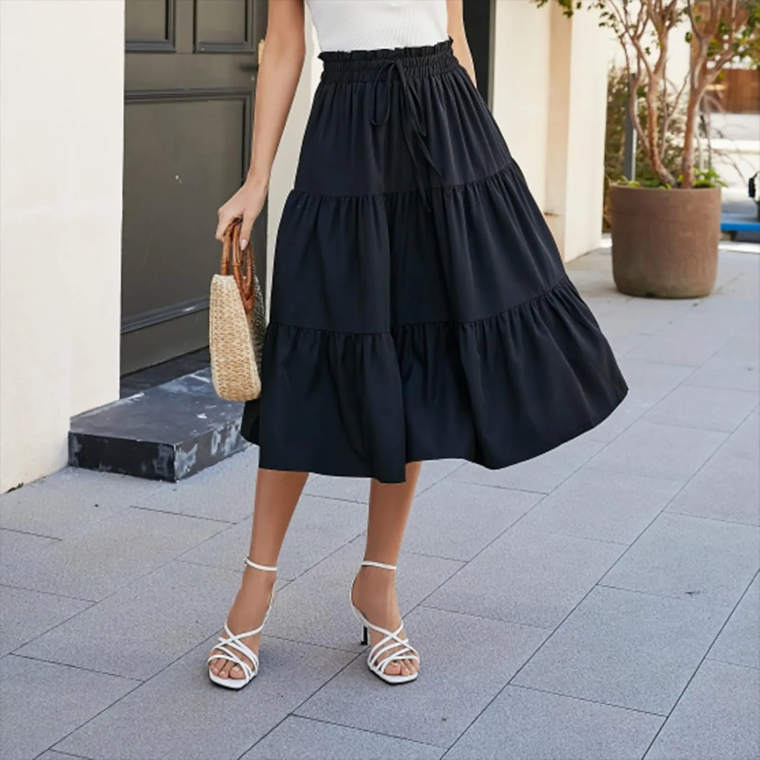 Women's Summer Bohemian Print A-Line Maxi Skirt Elastic Waist High Waist Beach Outfits Casual Tiered Long Skirt