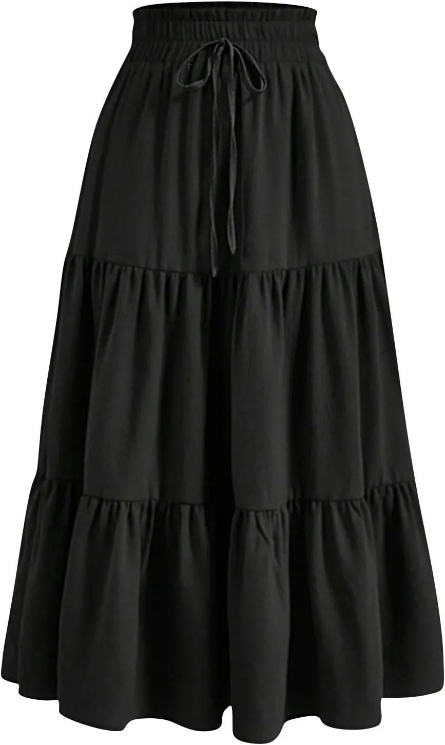 Women's Summer Bohemian Print A-Line Maxi Skirt Elastic Waist High Waist Beach Outfits Casual Tiered Long Skirt