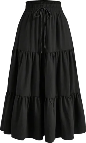 Women's Summer Bohemian Print A-Line Maxi Skirt Elastic Waist High Waist Beach Outfits Casual Tiered Long Skirt