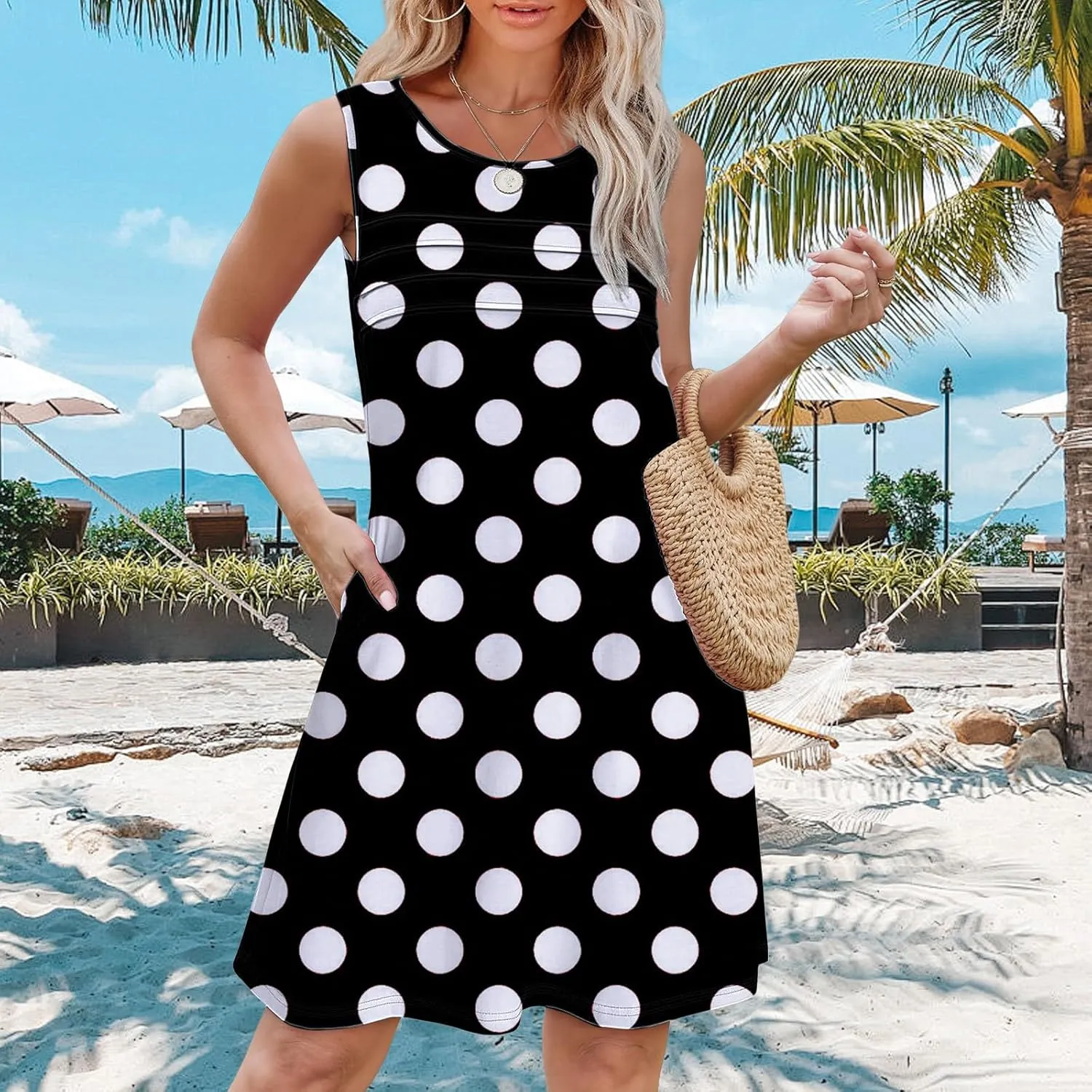 Womens Summer Dress Womens with Pockets Summer Casual Tank Dress Sleeveless Midi Beach Dress Cotton Knit Dresses