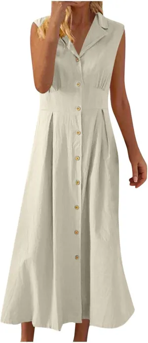 Womens Summer Dresses 2025 Maxi Linen Dresses Casual Lightweight Sleeveless Button Down V Neck Summer Beach Dresses