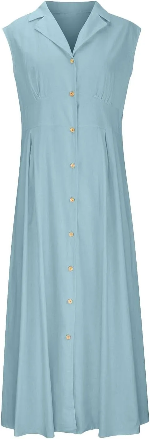 Womens Summer Dresses 2025 Maxi Linen Dresses Casual Lightweight Sleeveless Button Down V Neck Summer Beach Dresses