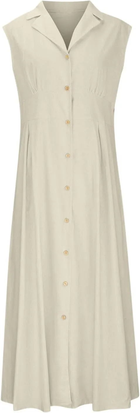 Womens Summer Dresses 2025 Maxi Linen Dresses Casual Lightweight Sleeveless Button Down V Neck Summer Beach Dresses