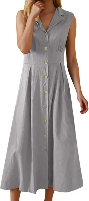 Womens Summer Dresses 2025 Maxi Linen Dresses Casual Lightweight Sleeveless Button Down V Neck Summer Beach Dresses