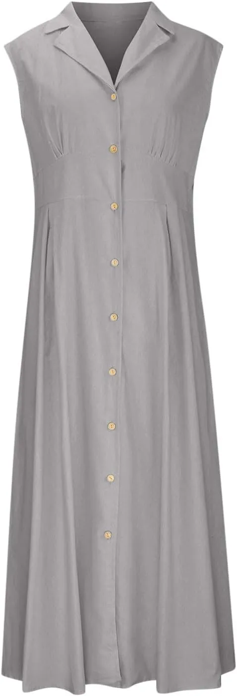Womens Summer Dresses 2025 Maxi Linen Dresses Casual Lightweight Sleeveless Button Down V Neck Summer Beach Dresses