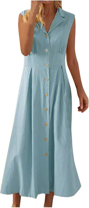 Womens Summer Dresses 2025 Maxi Linen Dresses Casual Lightweight Sleeveless Button Down V Neck Summer Beach Dresses