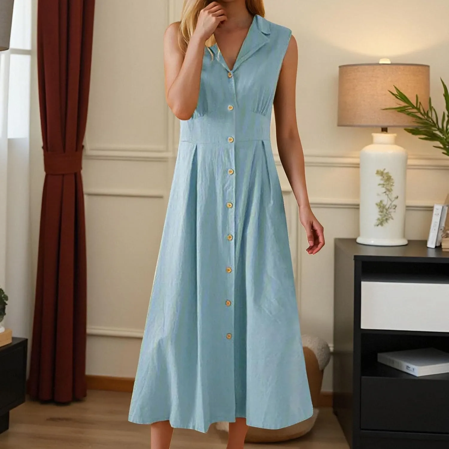 Womens Summer Dresses 2025 Maxi Linen Dresses Casual Lightweight Sleeveless Button Down V Neck Summer Beach Dresses