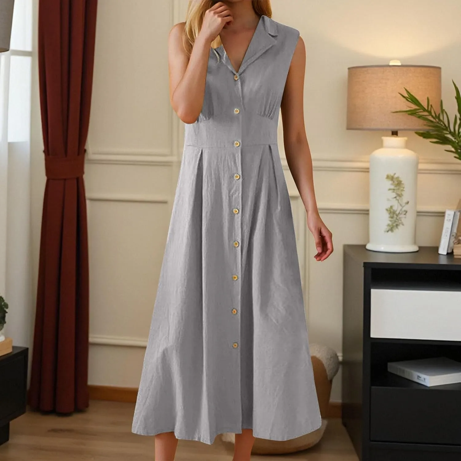 Womens Summer Dresses 2025 Maxi Linen Dresses Casual Lightweight Sleeveless Button Down V Neck Summer Beach Dresses