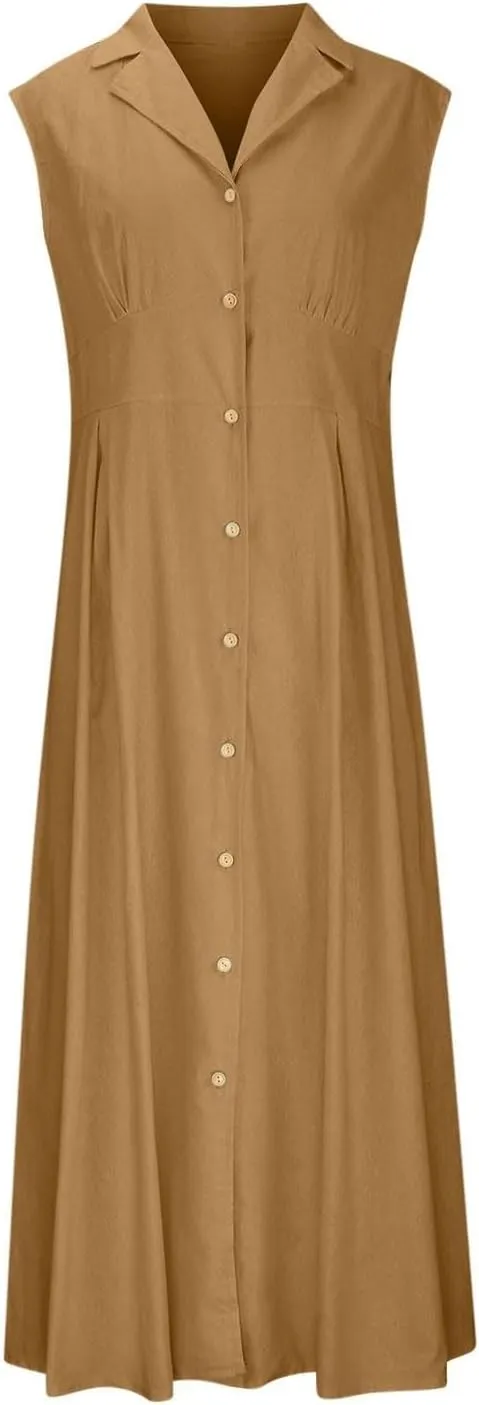 Womens Summer Dresses 2025 Maxi Linen Dresses Casual Lightweight Sleeveless Button Down V Neck Summer Beach Dresses