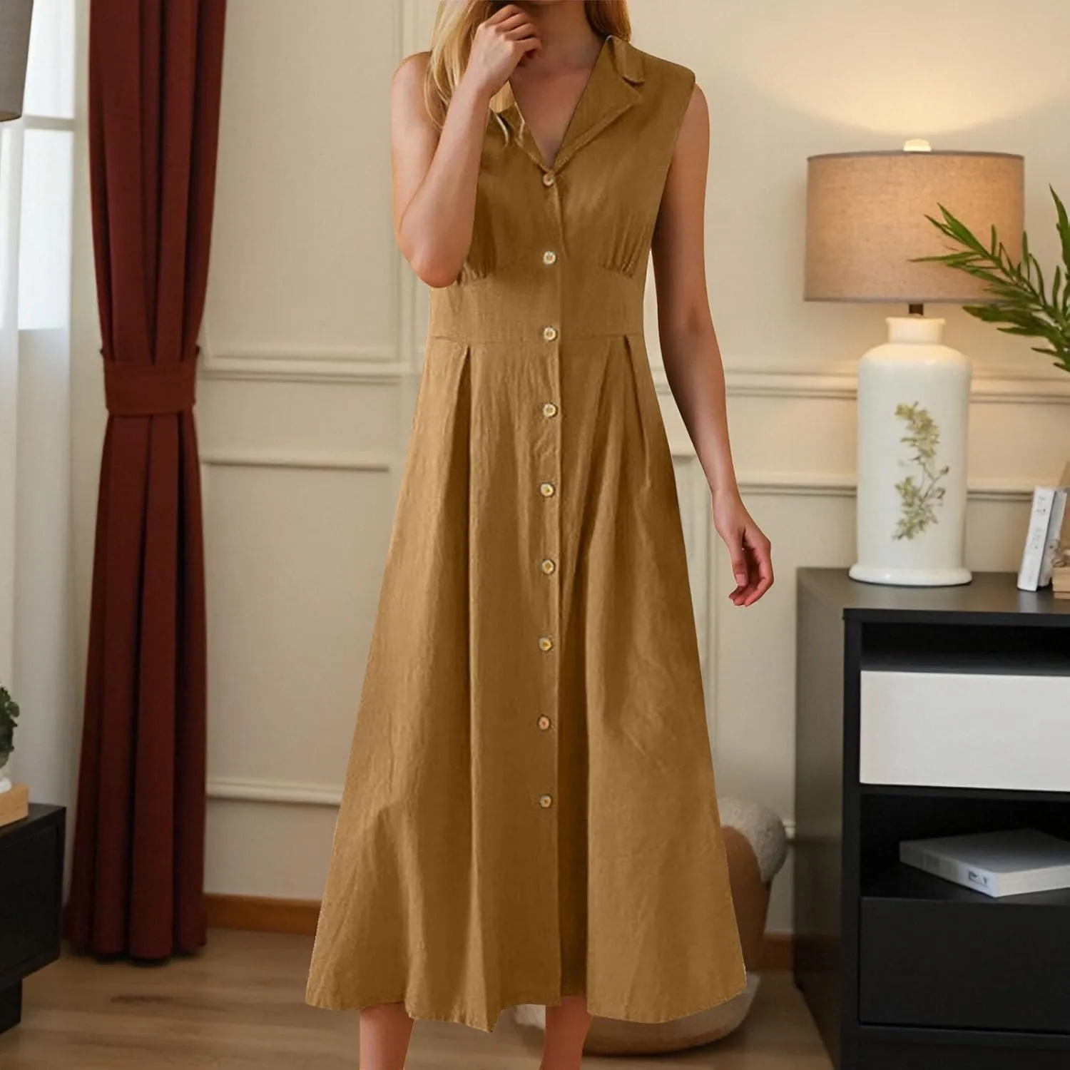 Womens Summer Dresses 2025 Maxi Linen Dresses Casual Lightweight Sleeveless Button Down V Neck Summer Beach Dresses
