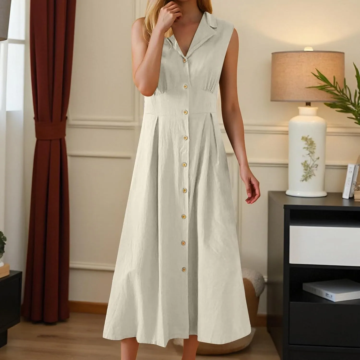 Womens Summer Dresses 2025 Maxi Linen Dresses Casual Lightweight Sleeveless Button Down V Neck Summer Beach Dresses