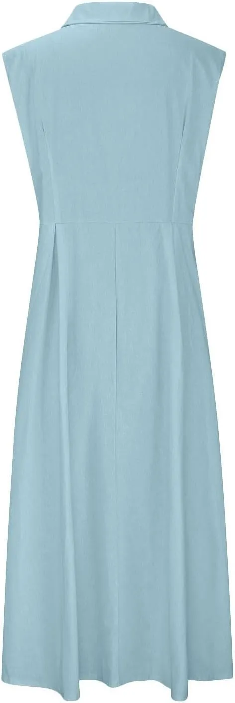 Womens Summer Dresses 2025 Maxi Linen Dresses Casual Lightweight Sleeveless Button Down V Neck Summer Beach Dresses