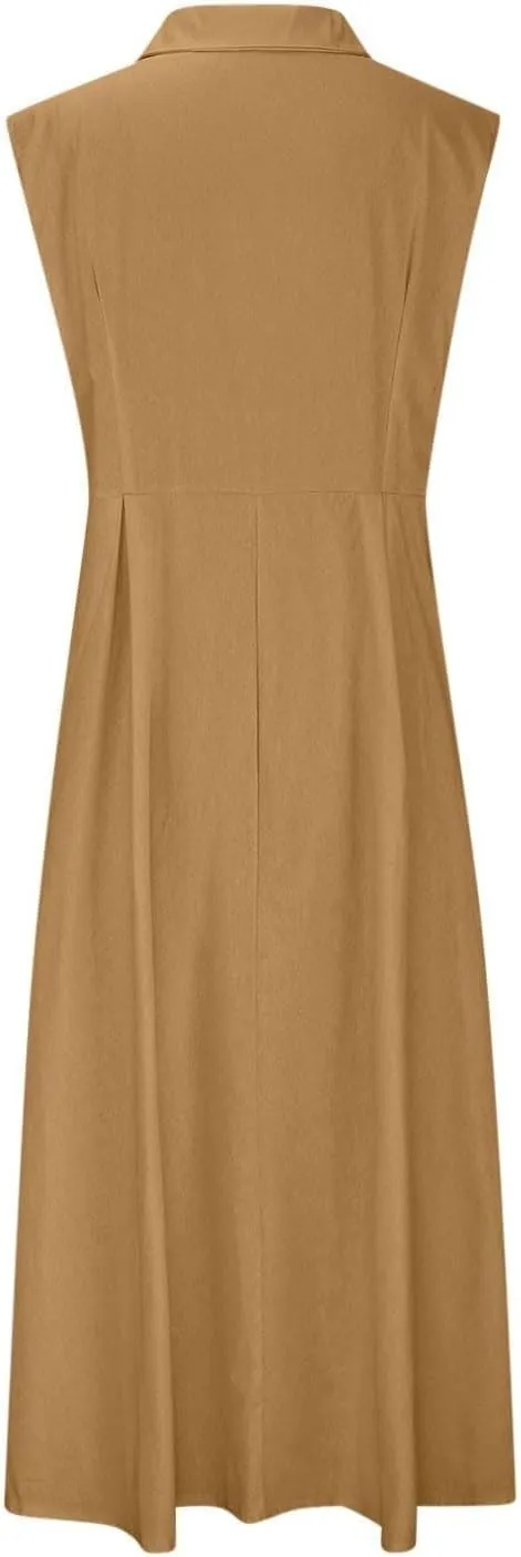 Womens Summer Dresses 2025 Maxi Linen Dresses Casual Lightweight Sleeveless Button Down V Neck Summer Beach Dresses