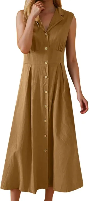 Womens Summer Dresses 2025 Maxi Linen Dresses Casual Lightweight Sleeveless Button Down V Neck Summer Beach Dresses