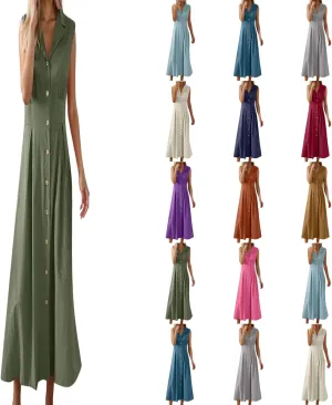 Womens Summer Dresses 2025 Maxi Linen Dresses Casual Lightweight Sleeveless Button Down V Neck Summer Beach Dresses