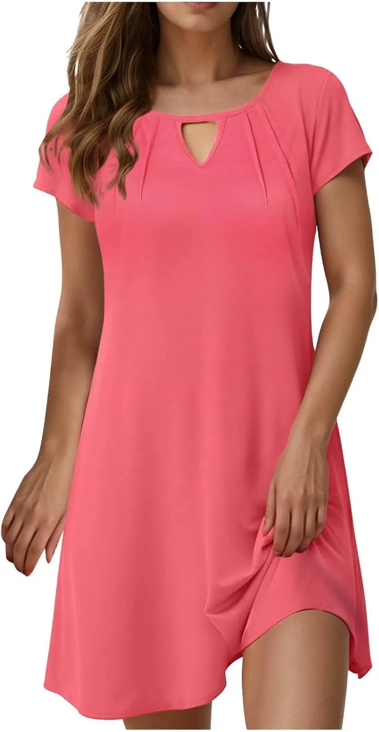 Womens Summer Dresses with Sleeves Casual Shirt Dress Solid Color Button Down Shift Summer Dresses