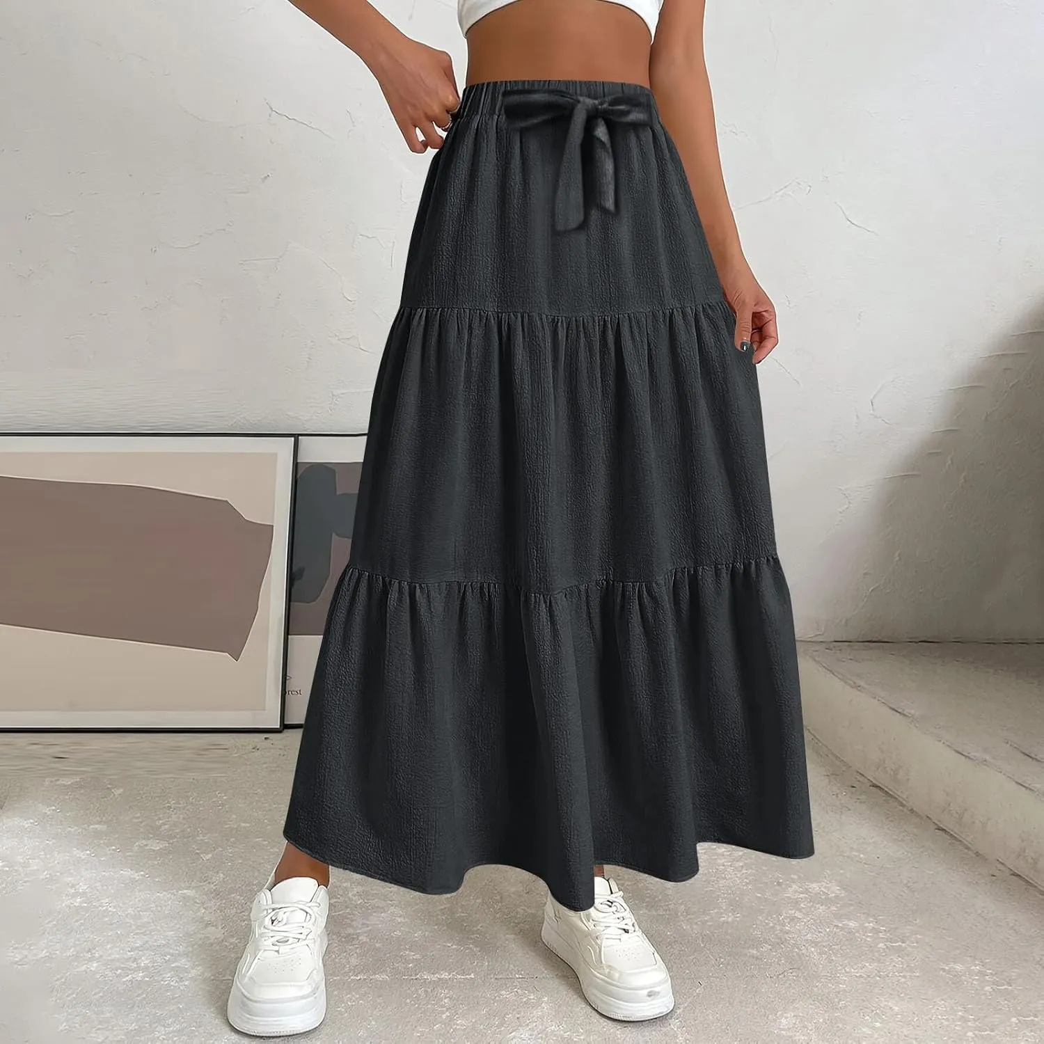 Women's Summer Flowy Swing Skirts Boho High Elastic Waist Fake Drawstring Floral Print A line Casual Cute Skirt
