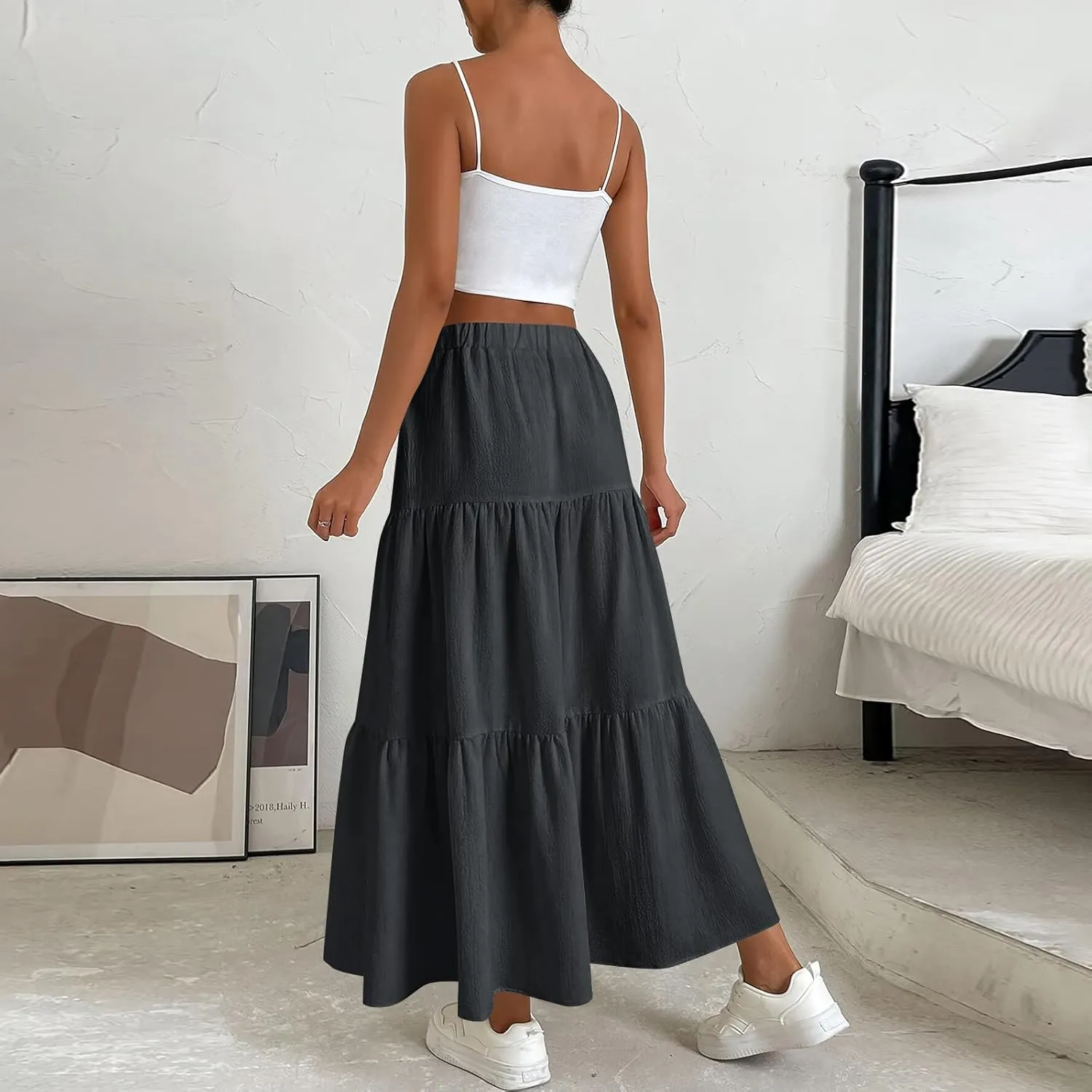 Women's Summer Flowy Swing Skirts Boho High Elastic Waist Fake Drawstring Floral Print A line Casual Cute Skirt