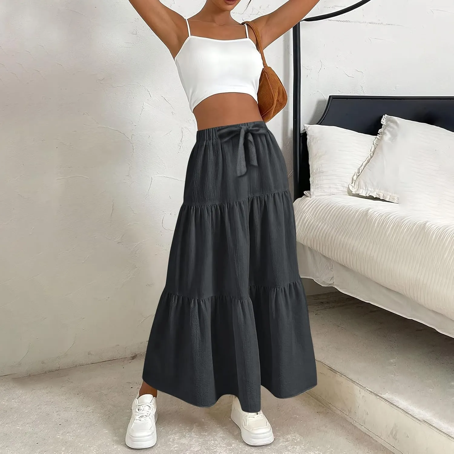Women's Summer Flowy Swing Skirts Boho High Elastic Waist Fake Drawstring Floral Print A line Casual Cute Skirt