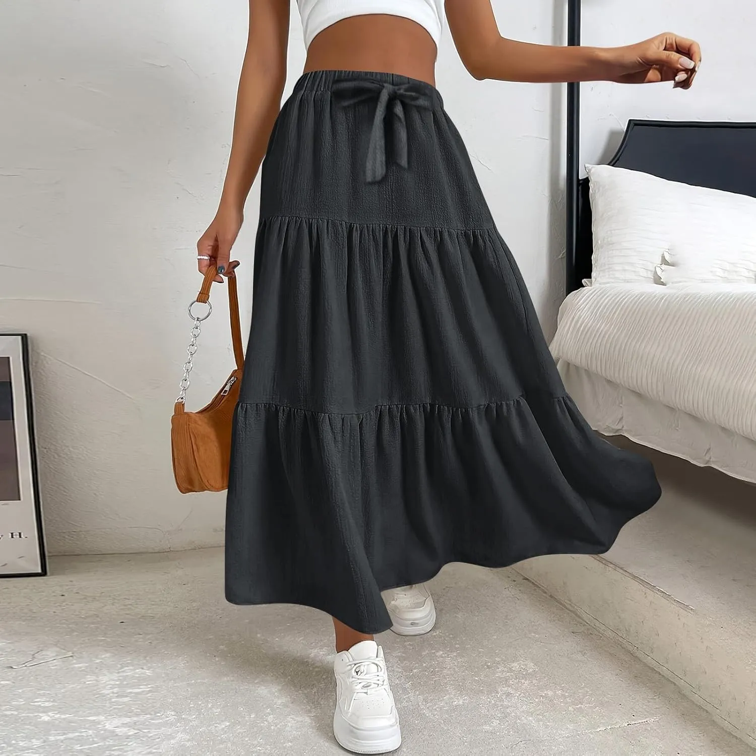 Women's Summer Flowy Swing Skirts Boho High Elastic Waist Fake Drawstring Floral Print A line Casual Cute Skirt
