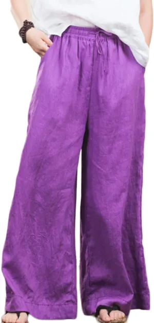 Women's Summer Trousers Wide Leg Relaxed-Fit 100% Linen Pants with Elastic Waist and Drawstring