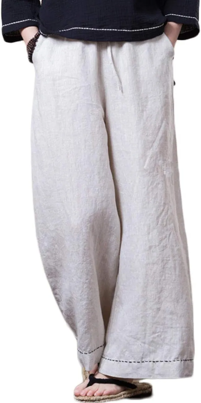 Women's Summer Trousers Wide Leg Relaxed-Fit 100% Linen Pants with Elastic Waist and Drawstring