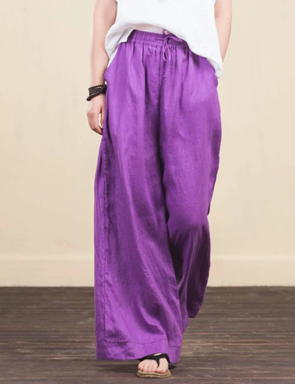 Women's Summer Trousers Wide Leg Relaxed-Fit 100% Linen Pants with Elastic Waist and Drawstring