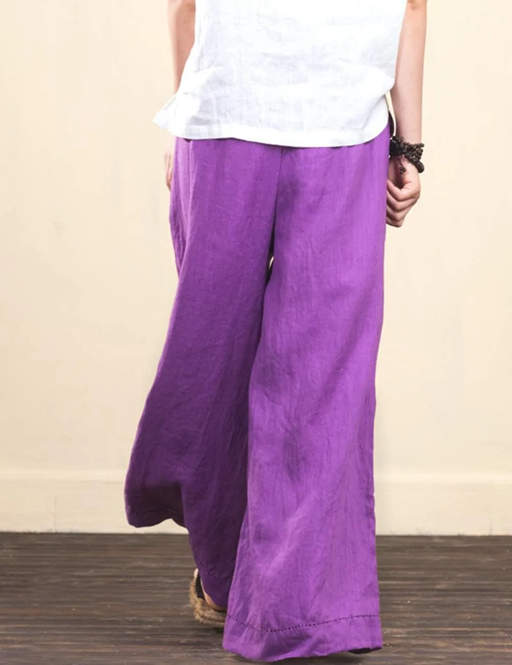 Women's Summer Trousers Wide Leg Relaxed-Fit 100% Linen Pants with Elastic Waist and Drawstring