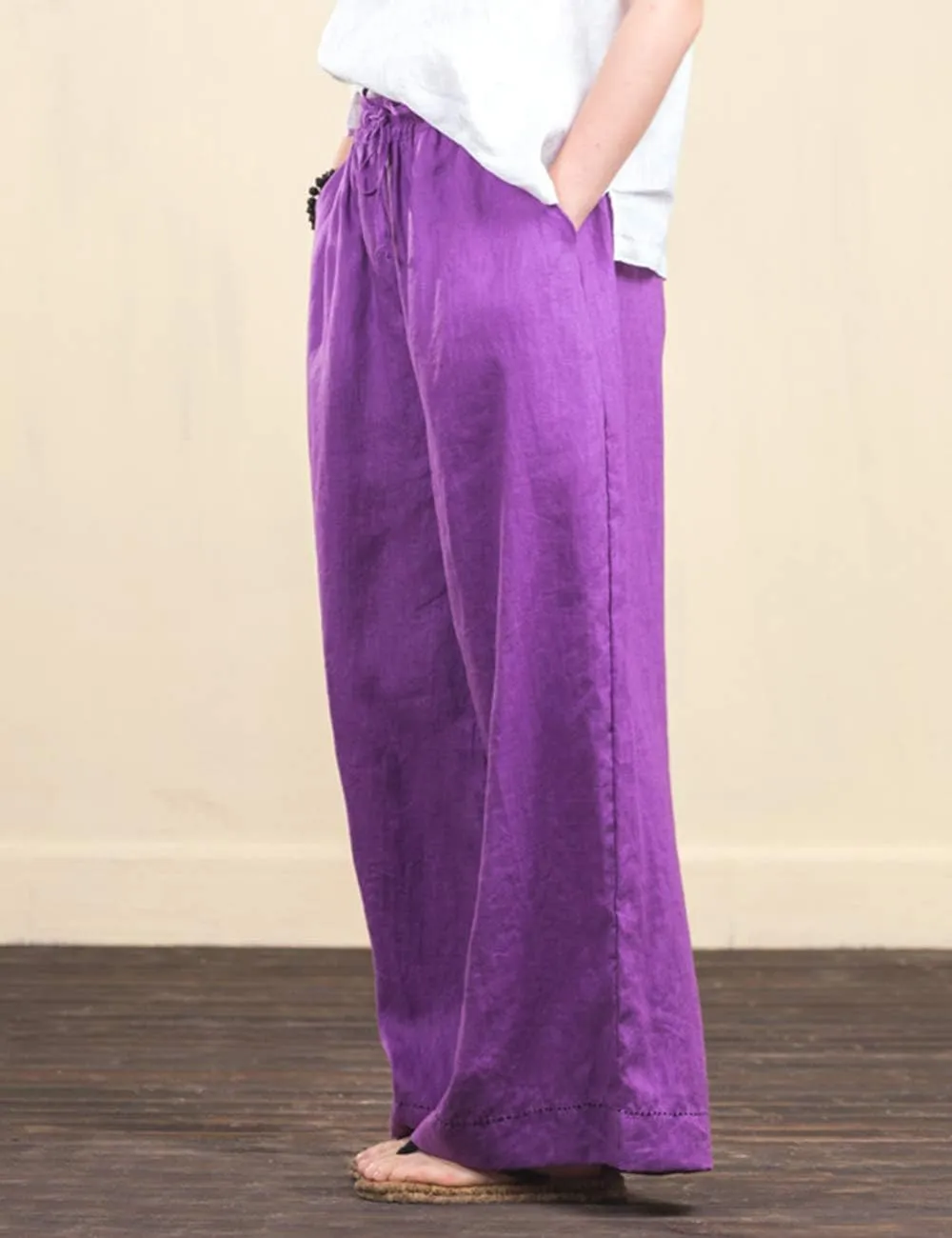 Women's Summer Trousers Wide Leg Relaxed-Fit 100% Linen Pants with Elastic Waist and Drawstring