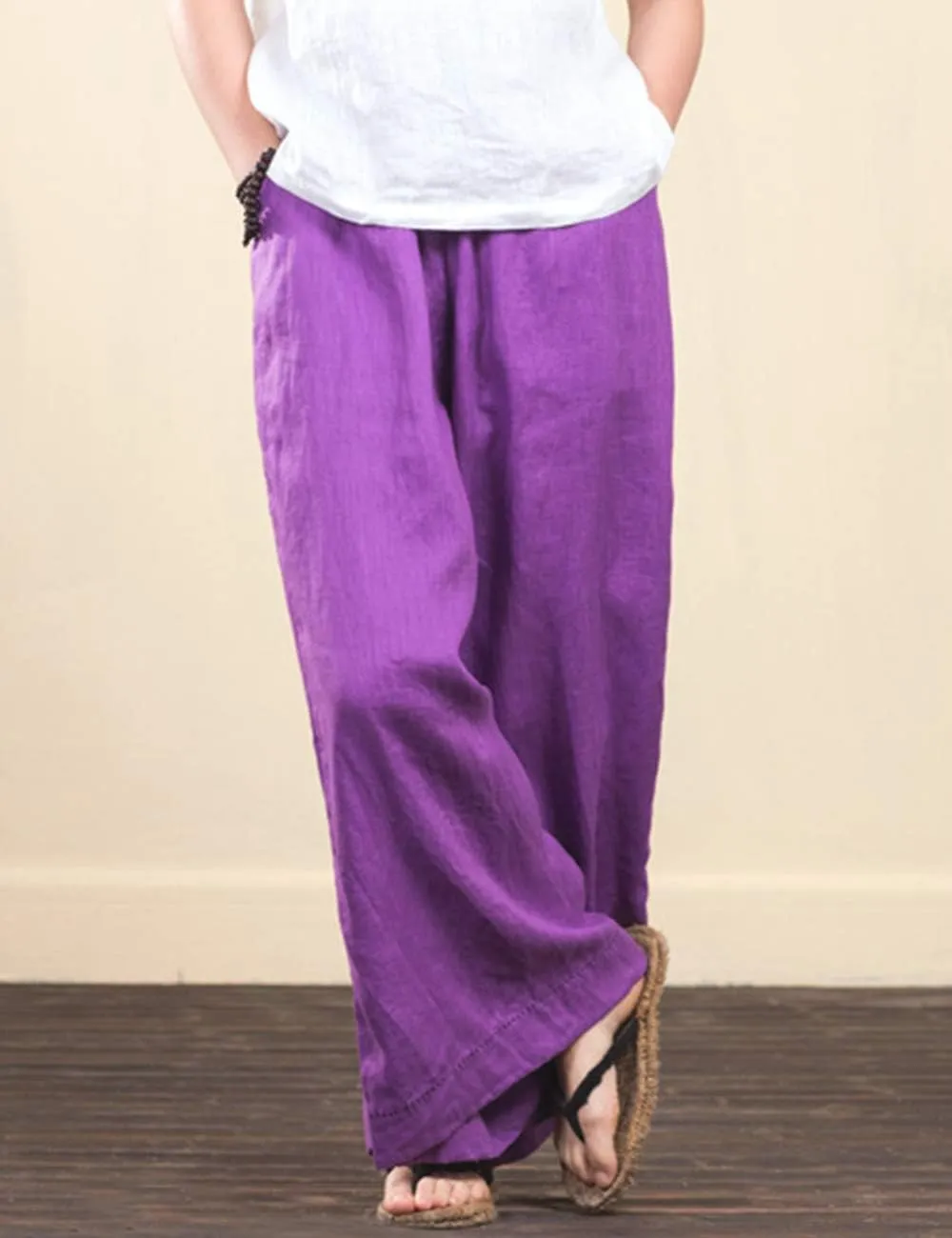 Women's Summer Trousers Wide Leg Relaxed-Fit 100% Linen Pants with Elastic Waist and Drawstring