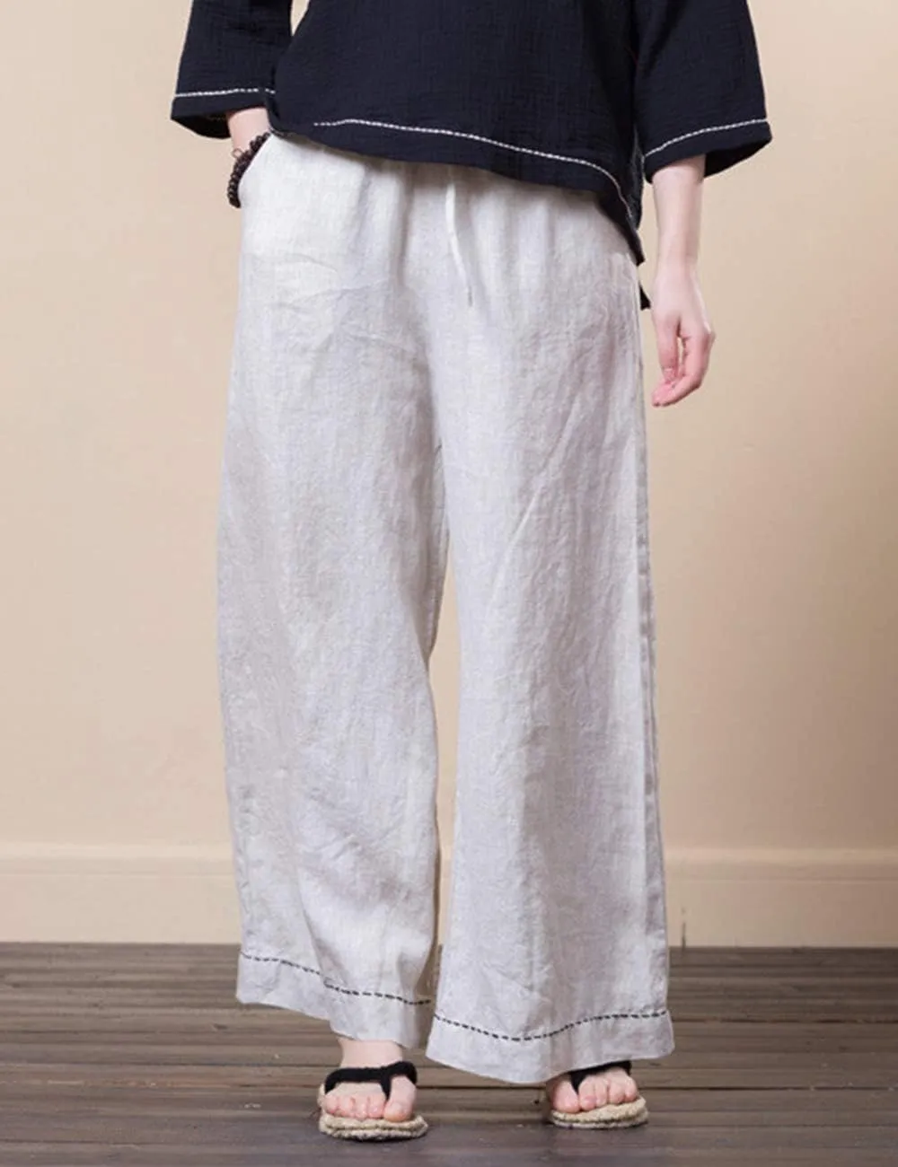 Women's Summer Trousers Wide Leg Relaxed-Fit 100% Linen Pants with Elastic Waist and Drawstring
