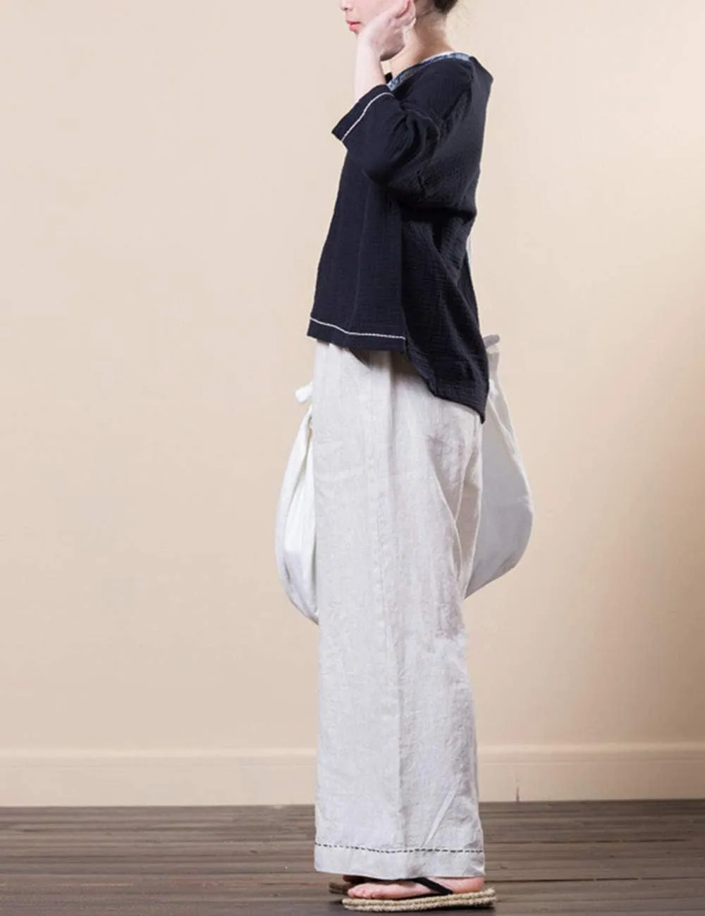 Women's Summer Trousers Wide Leg Relaxed-Fit 100% Linen Pants with Elastic Waist and Drawstring