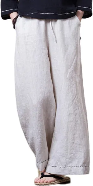 Women's Summer Trousers Wide Leg Relaxed-Fit 100% Linen Pants with Elastic Waist and Drawstring