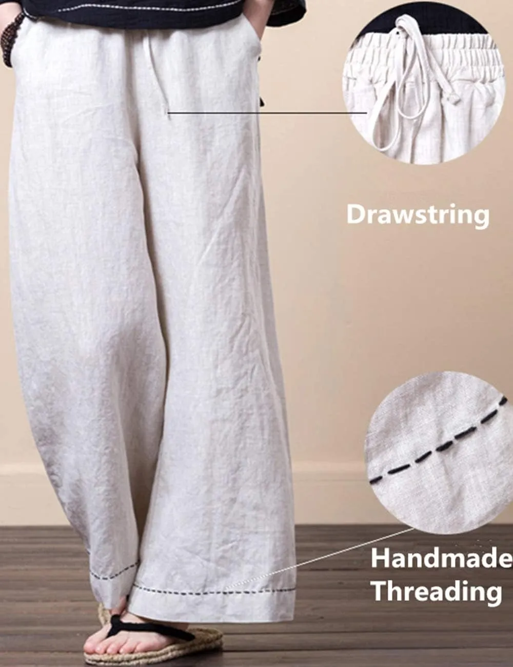Women's Summer Trousers Wide Leg Relaxed-Fit 100% Linen Pants with Elastic Waist and Drawstring
