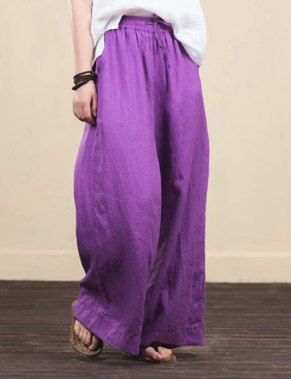 Women's Summer Trousers Wide Leg Relaxed-Fit 100% Linen Pants with Elastic Waist and Drawstring