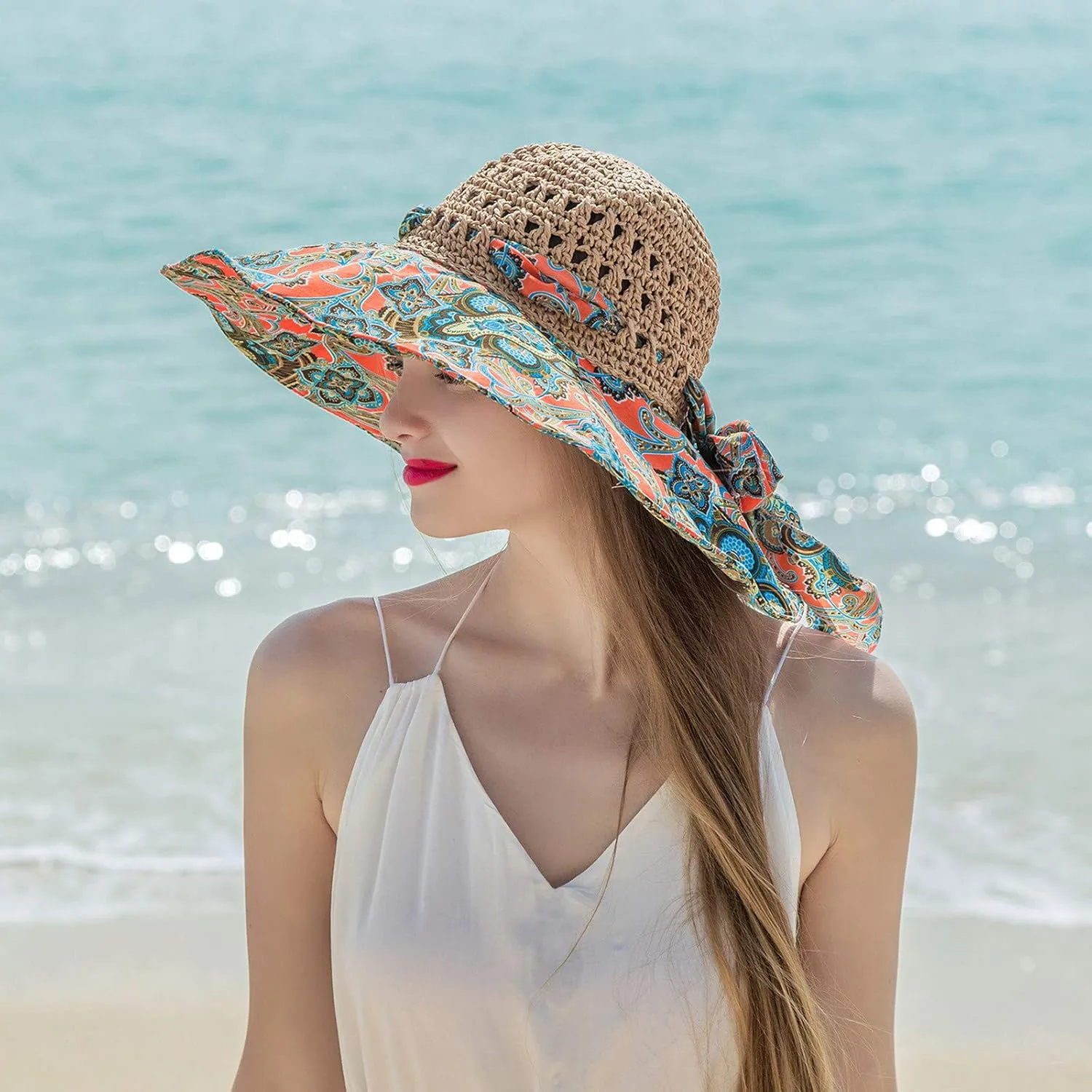 Women's Sun Visor Hats Womens Beach Sun Straw Hat Wide Brim Cap Foldable Packable Beach Hat for Summer Hats
