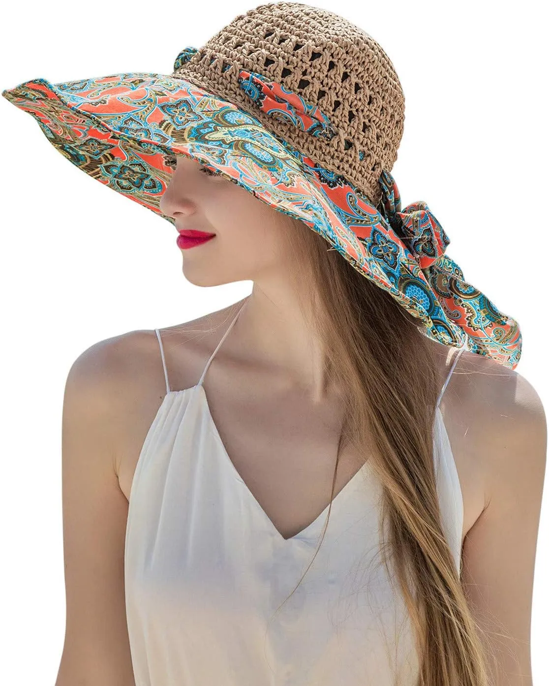 Women's Sun Visor Hats Womens Beach Sun Straw Hat Wide Brim Cap Foldable Packable Beach Hat for Summer Hats