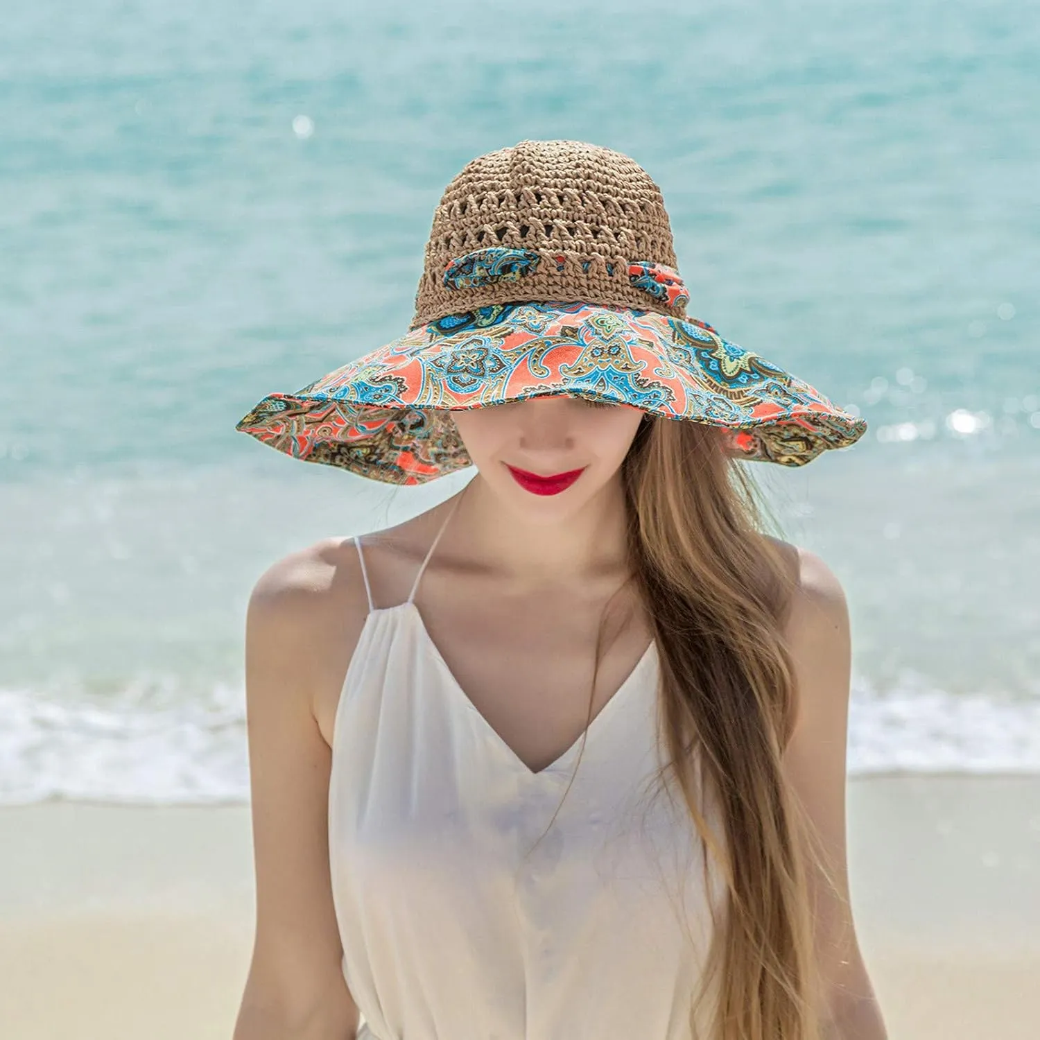 Women's Sun Visor Hats Womens Beach Sun Straw Hat Wide Brim Cap Foldable Packable Beach Hat for Summer Hats