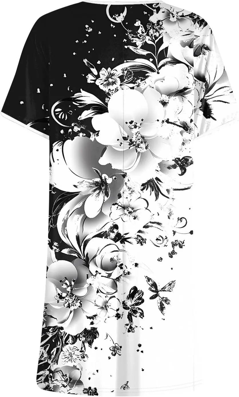 Womens Sundress Summer Floral Short Sleeve Wrap Summer Women's Dresses T Shirt Casual Round Neck A-Line Midi Dress