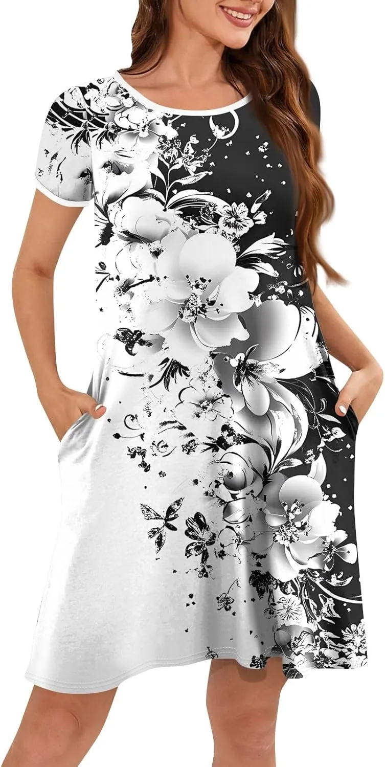 Womens Sundress Summer Floral Short Sleeve Wrap Summer Women's Dresses T Shirt Casual Round Neck A-Line Midi Dress