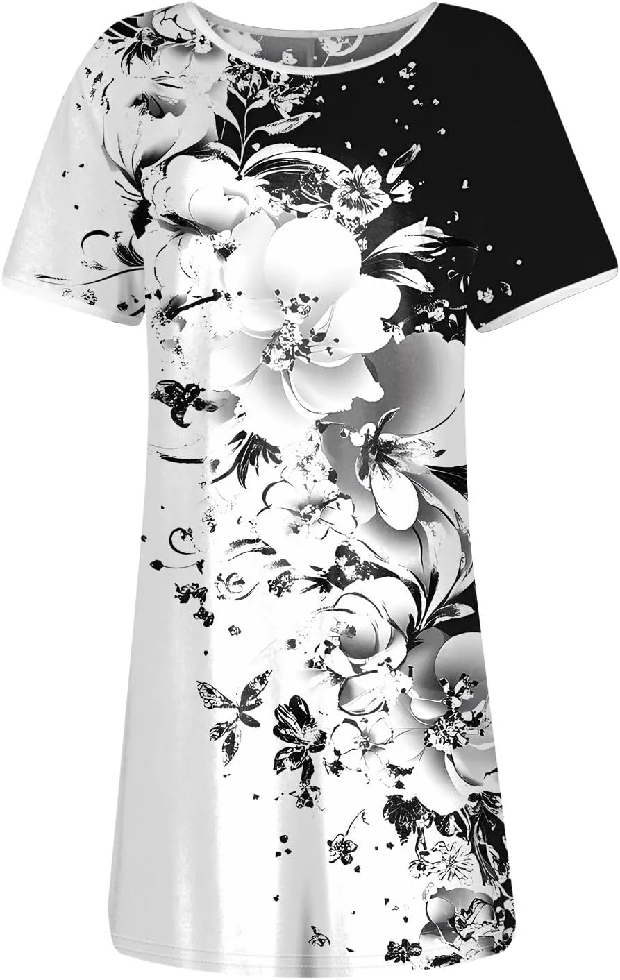 Womens Sundress Summer Floral Short Sleeve Wrap Summer Women's Dresses T Shirt Casual Round Neck A-Line Midi Dress